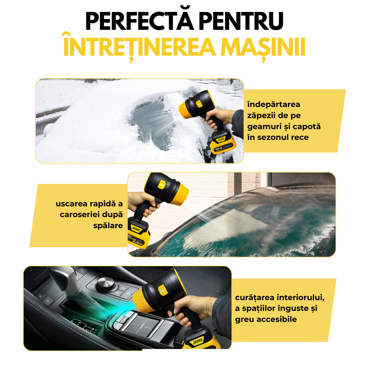 Suflanta Aer Turbo Multifunctionala, Portabila, 2 Acumulatori Li-Ion 48V, Viteza de Rotatie 34000 rpm, 1050W, Negru-Galben