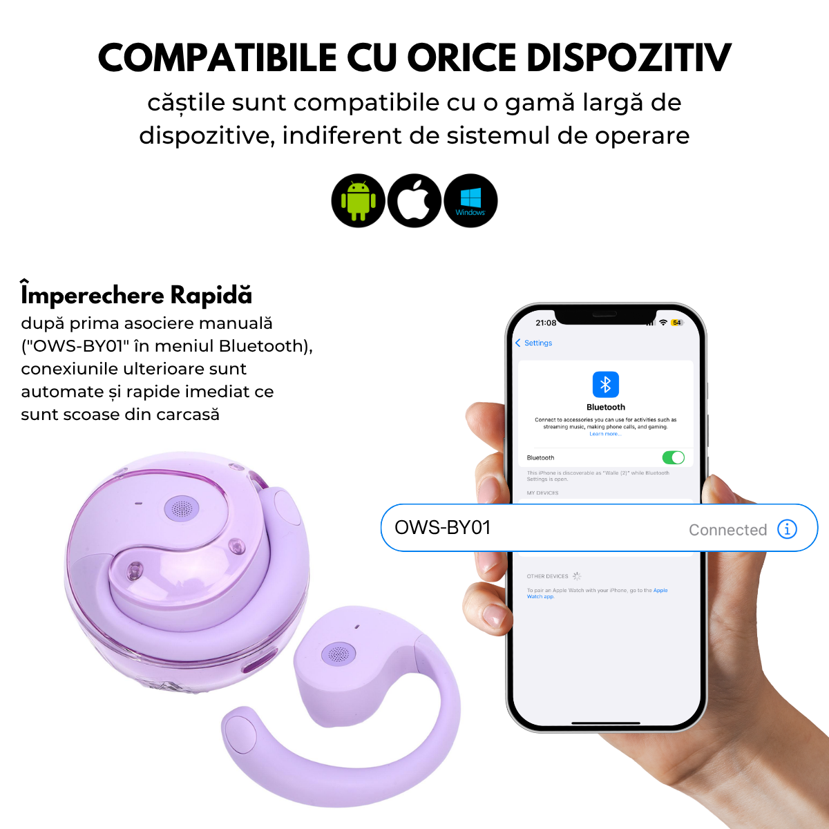 Casti cu Traducator pentru Conversatii in timp real, Open-Ear, 139 Limbi, Bluetooth 5.4, Control tactil, Carcasa de incarcare, T2, Mov, easyCTRL®