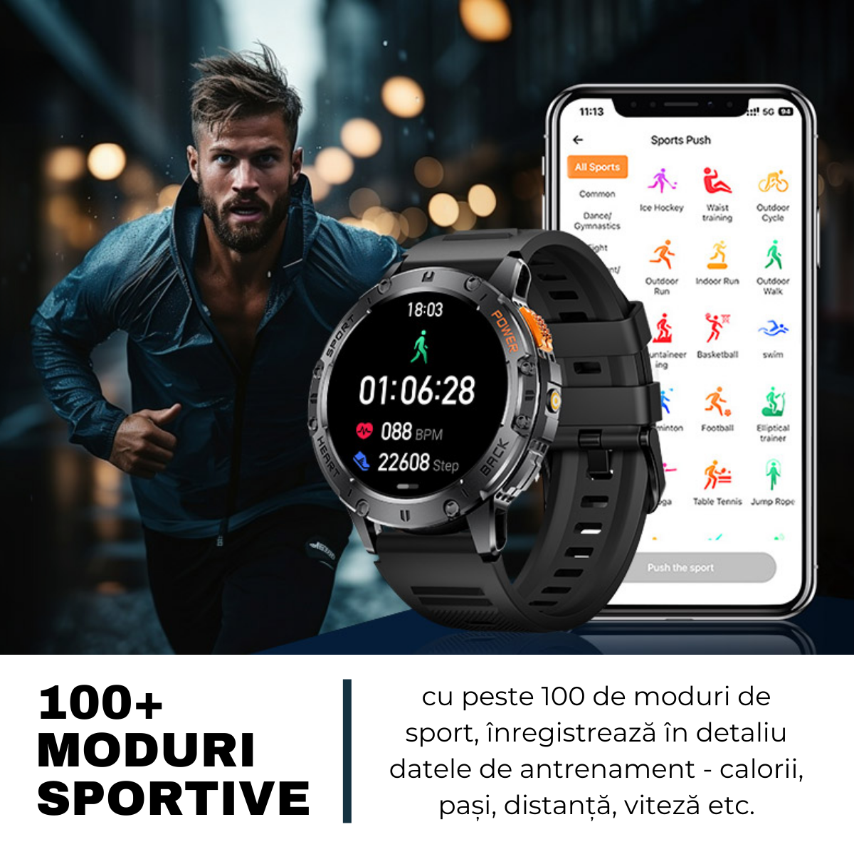 Ceas smartwatch, Ecran AMOLED 1.43", Rezistent la apa, Monitorizare oxigen, Ritm cardiac, Somn, Apel Bluetooth, Notificari mesaje, AI Asistent Vocal, Lanterna, easyCTRL®