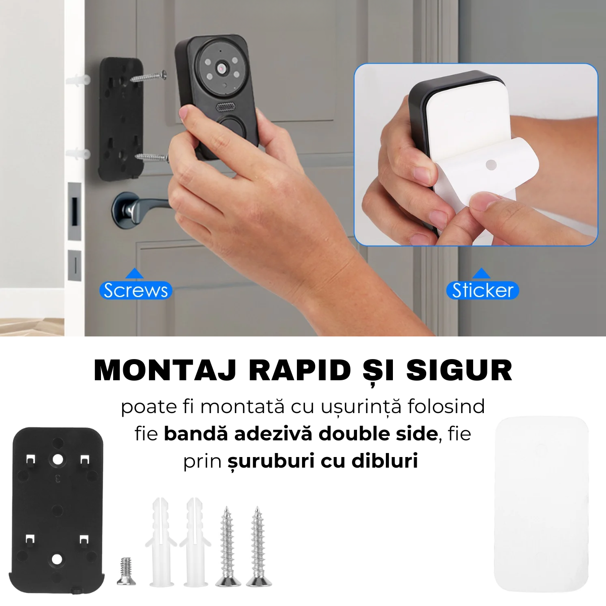 Sonerie Video Inteligenta, Fara Fir Wireless, Comunicare bidirectionala, Control la distanta prin APP Tuya Smart, Sonerie interior, 80°, Night Vision, easyCTRL®