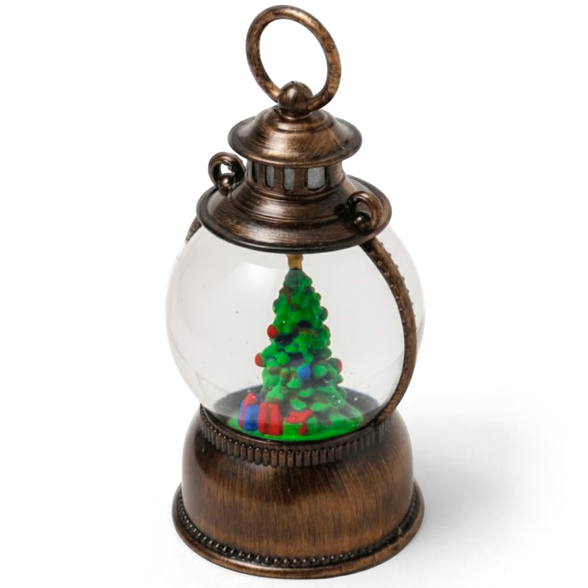 Felinar Decorativ Muzical, Brad de Craciun, Glob 12cm, Iluminare LED calda, Zapada in Miscare, Alimentare USB/Baterii