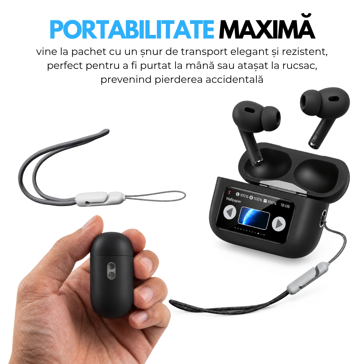 Casti cu Traducator pentru Conversatii in timp real, 151 Limbi Straine, Dialecte, Carcasa incarcare cu Touch Screen, Bluetooth 5.4, Control tactil, A9pro, Negru, easyCTRL®