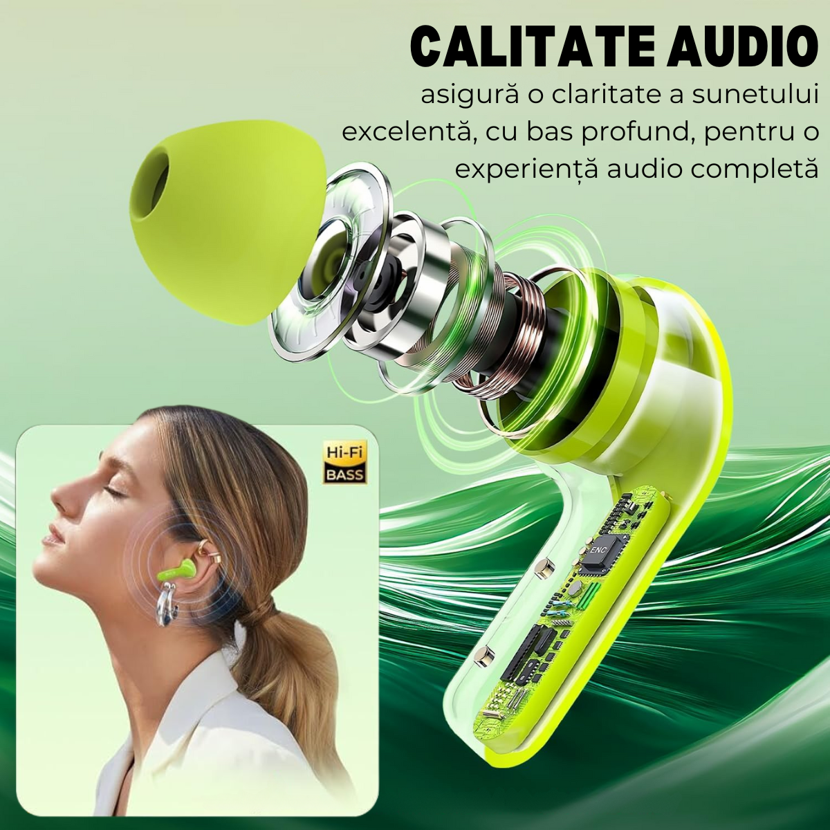 Wireless In-Ear Headphones, Touch Control, Bluetooth 5.3, LED Digital Display, Noise Cancellation, Magnetic Case, Moisture and Dust Resistance, easyCTRL®, Green 