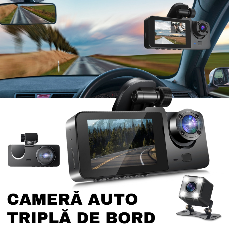 Camera Auto DVR tripla de bord, Frontala / Interioara / Marsarier, Wi-Fi, Full HD, Unghi 170°, Mod Parcare, Senzor Miscare, Display 2", G-Senzor, Aplicatie dedicata, X15, easyCTRL®