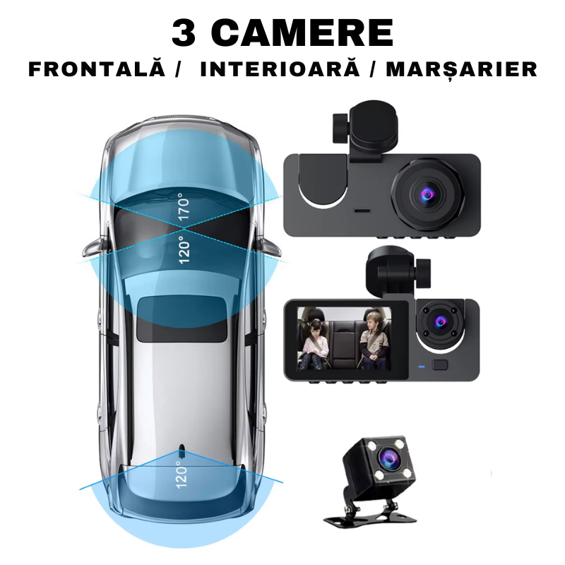 Camera Auto tripla de bord, Frontala / Interioara / Marsarier, DVR, Wi-Fi, Full HD, Unghi 170°, Mod Parcare, Senzor Miscare, Display 2", G-Senzor, Aplicatie dedicata, X15, easyCTRL®