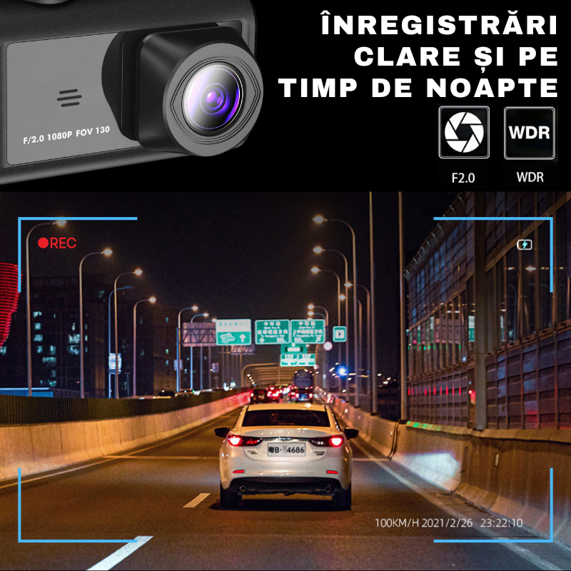 Camera Auto tripla de bord, Fata / Interior / Spate, DVR, Wi-Fi, Full HD, Night Vision, Unghi 170°, Mod Parcare, Senzor Miscare, Display 2", G-Senzor, Camera Marsarier, Aplicatie dedicata, easyCTRL®