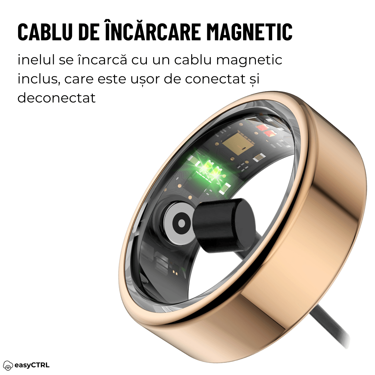Inel Inteligent, Bluetooth, Cutie Incarcare Wireless, Monitorizeaza Pulsul, Oxigenul din Sange, Somnul, Calorii, Impermeabil IP68, Gold, easyCTRL®