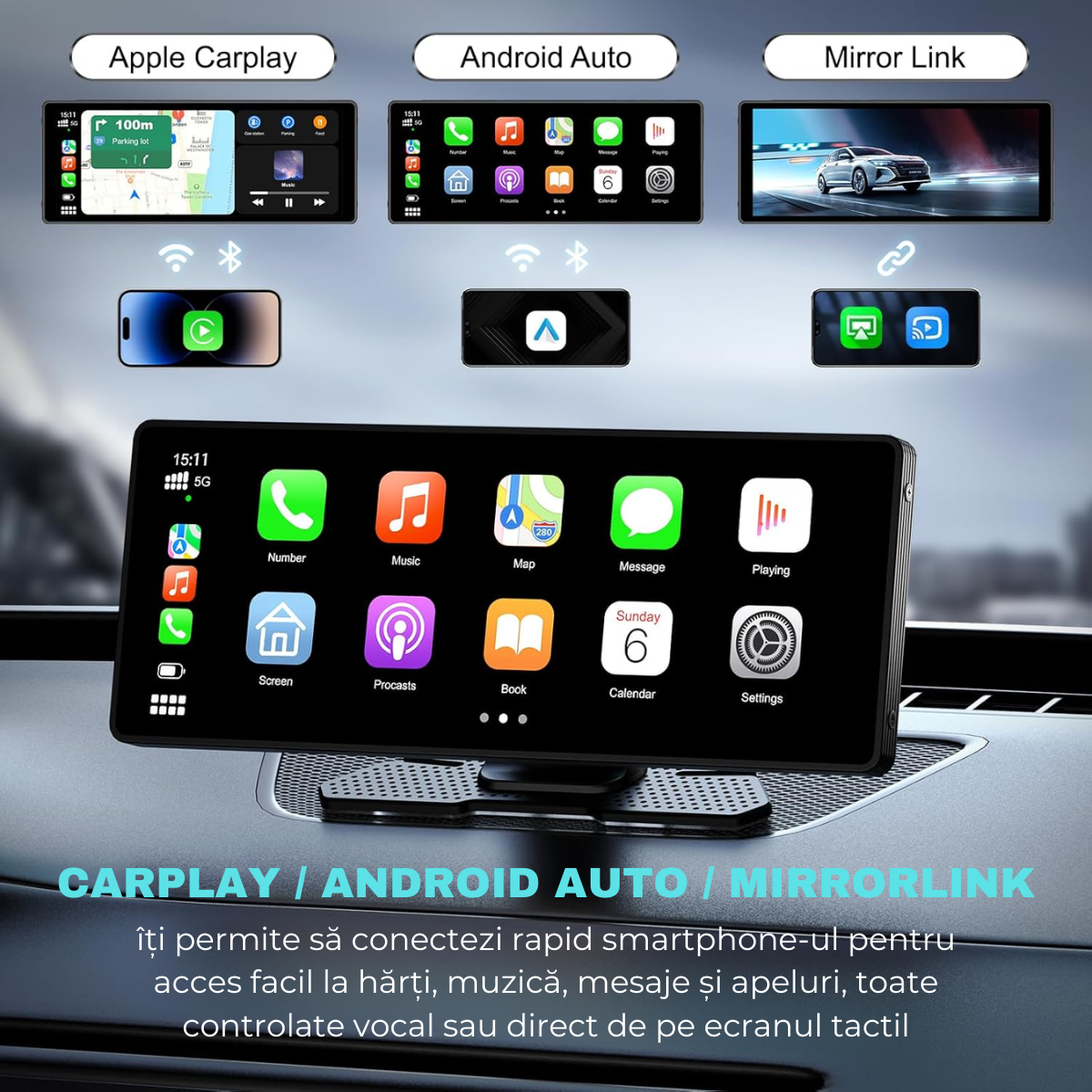 Navigatie Auto Android / Apple CarPlay, Multimedia, Universala, Camera Frontala Reglabila 4K, Ecran Tactil 10.26", Camera Marsarier, Mirrorcast, BT, FM, AUX, Split-Screen, easyCTRL®