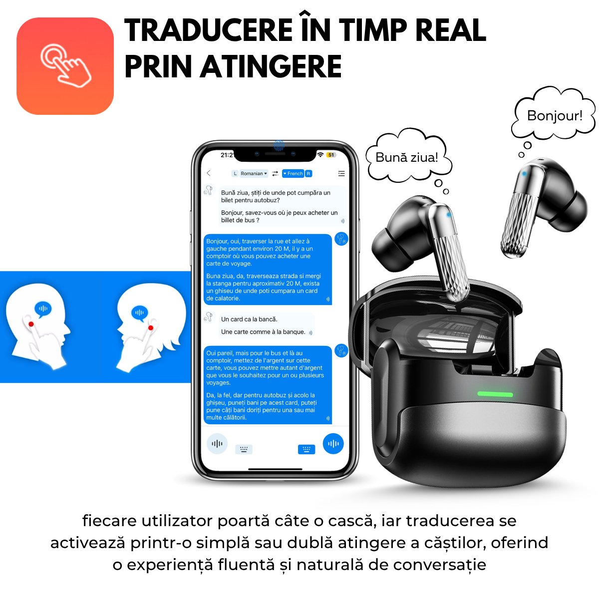 Casti cu Traducator pentru Conversatii in timp real, 144 Limbi, Metal, Traducere Foto, Bluetooth 5.4, Control tactil, Carcasa de incarcare, K505, easyCTRL®