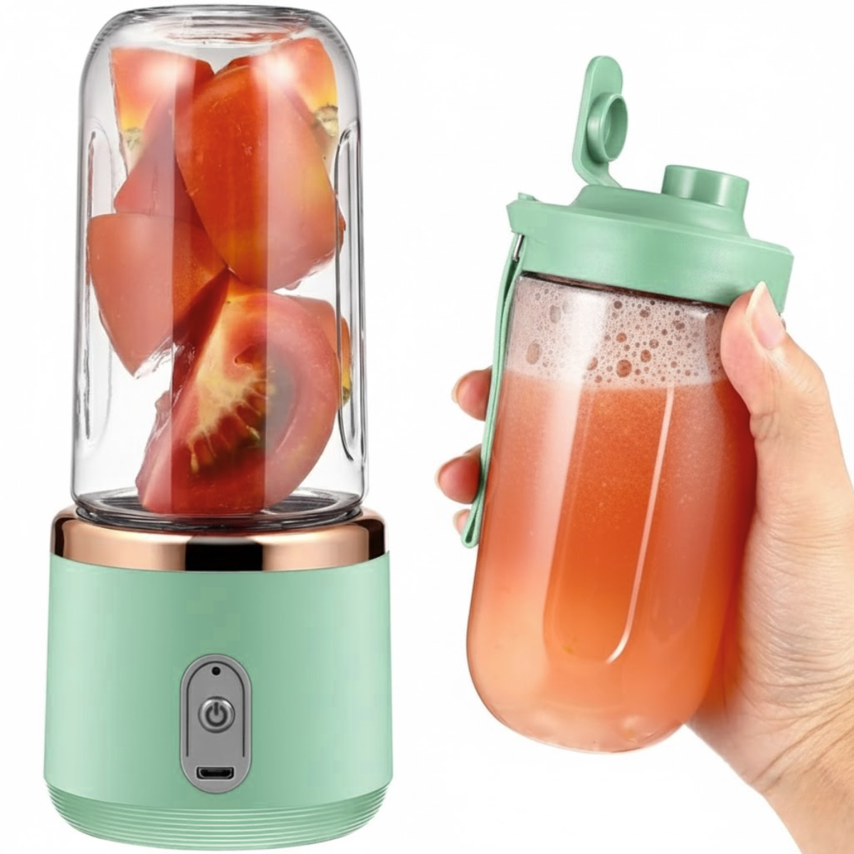Mini Blender Portabil, 2 Recipiente, 400 ml, 6 Lame 3D, USB-C reincarcabil, 45W, Capac Inclus, Turcoaz, easyCTRL®