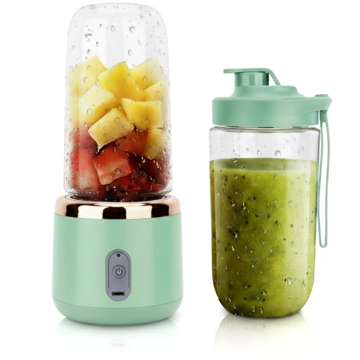 Mini Blender Portabil, 2 Recipiente, 400 ml, 6 Lame 3D, USB-C reincarcabil, 45W, Capac Inclus, Turcoaz, easyCTRL®