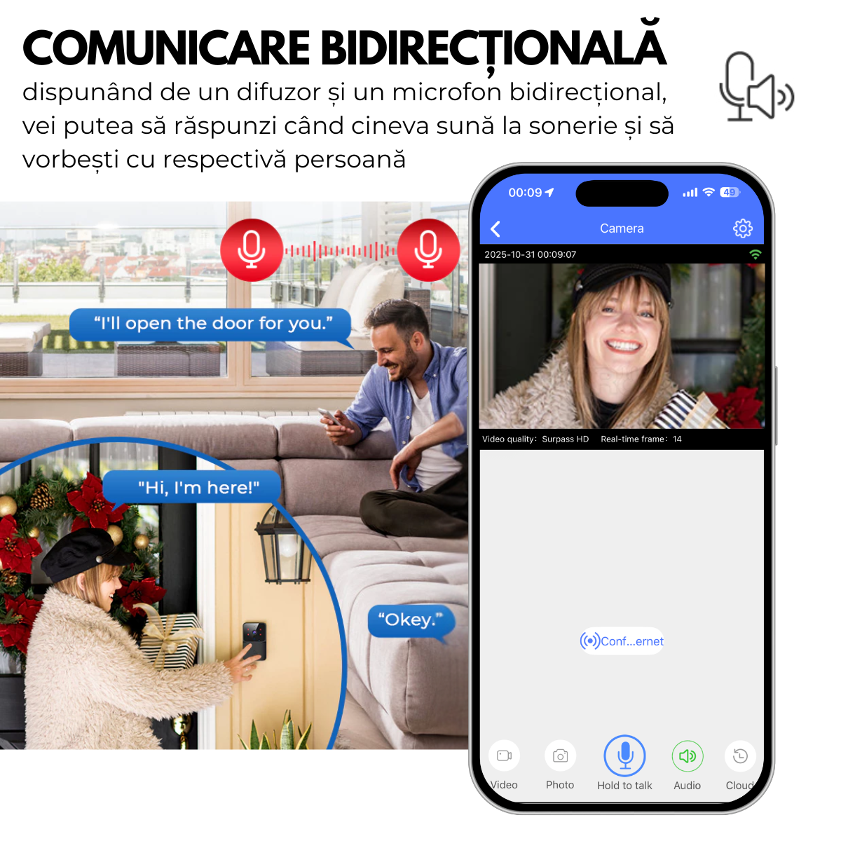Sonerie Video Inteligenta, Fara Fir Wireless, Comunicare bidirectionala, Control de la distanta prin Aplicatie, Sonerie interior, Baterie Reincarcabila, 75°, Night Vision, easyCTRL®