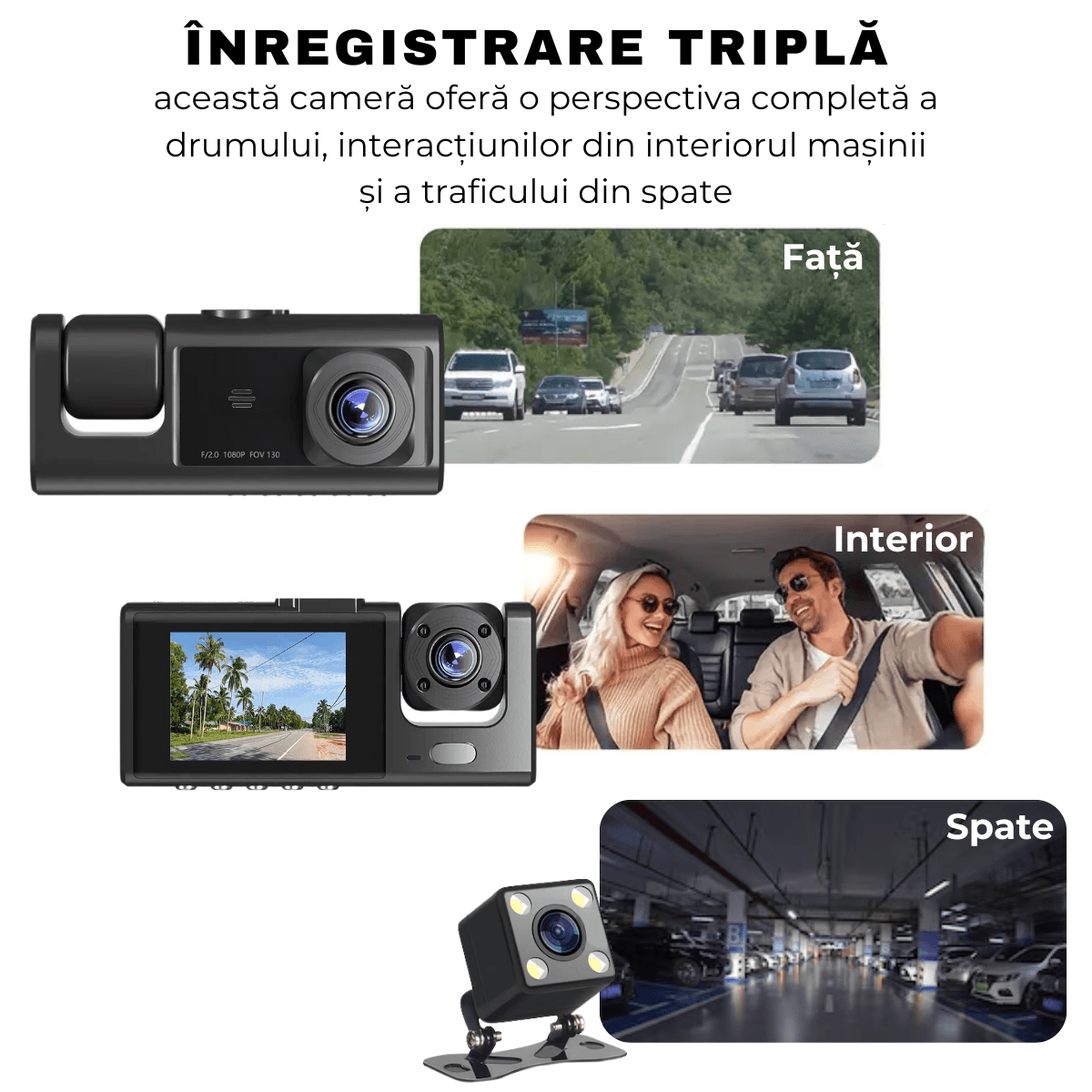 Camera Auto tripla de bord, Fata / Interior / Spate, DVR, Wi - Fi, Full HD, Night Vision, Unghi 170°, Mod Parcare, Senzor Miscare, Display 2", G - Senzor, Camera Marsarier, Aplicatie dedicata, easyCTRL®smarrt.rocamera auto de bordeasyCTRL
