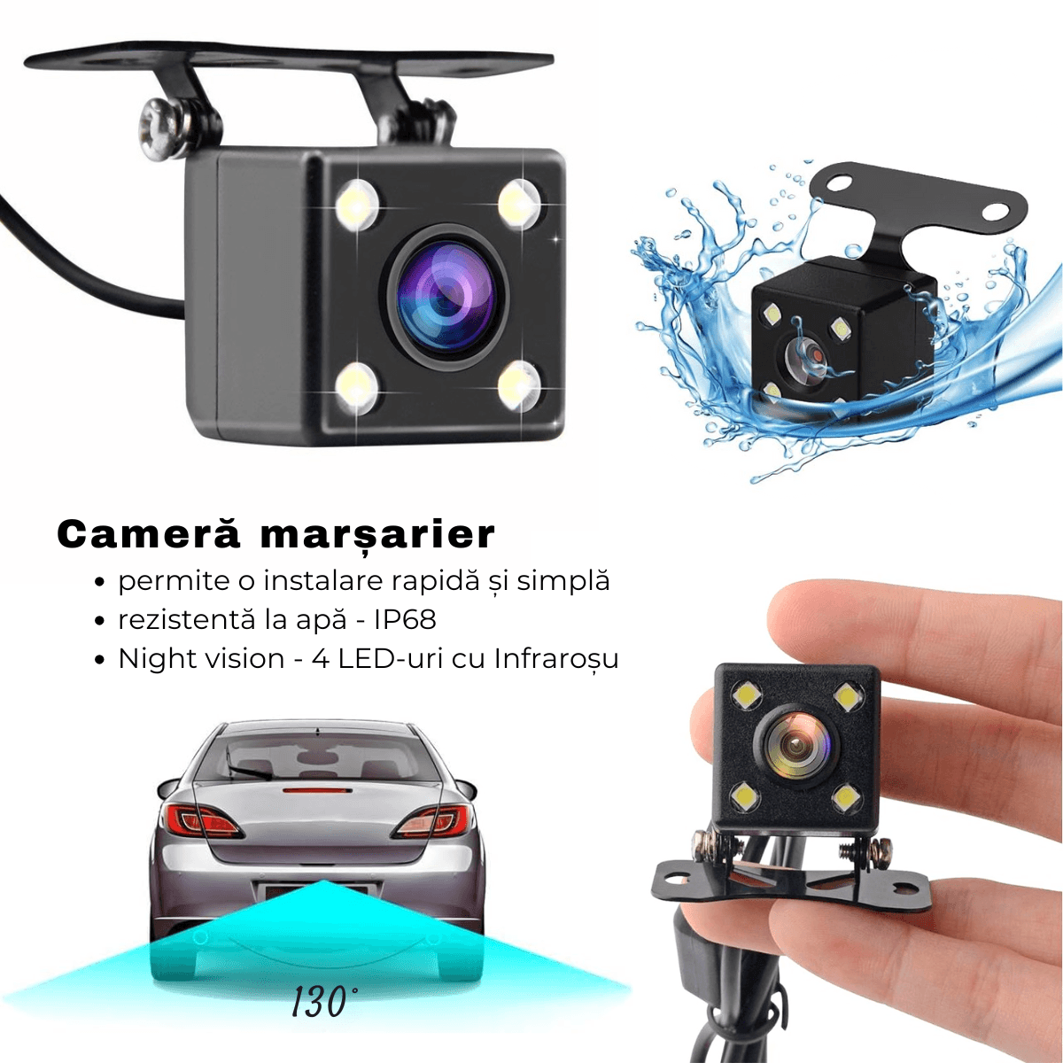 Camera Auto tripla de bord, Fata / Interior / Spate, DVR, Wi - Fi, Full HD, Night Vision, Unghi 170°, Mod Parcare, Senzor Miscare, Display 2", G - Senzor, Camera Marsarier, Aplicatie dedicata, easyCTRL®smarrt.rocamera auto de bordeasyCTRL