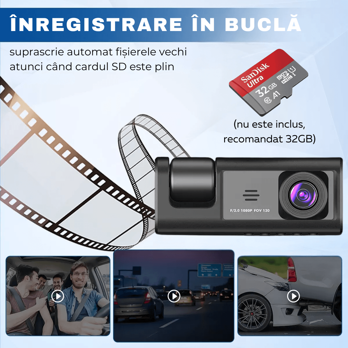 Camera Auto tripla de bord, Fata / Interior / Spate, DVR, Wi - Fi, Full HD, Night Vision, Unghi 170°, Mod Parcare, Senzor Miscare, Display 2", G - Senzor, Camera Marsarier, Aplicatie dedicata, easyCTRL®smarrt.rocamera auto de bordeasyCTRL