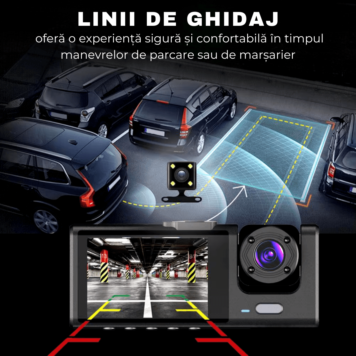 Camera Auto tripla de bord, Fata / Interior / Spate, DVR, Wi - Fi, Full HD, Night Vision, Unghi 170°, Mod Parcare, Senzor Miscare, Display 2", G - Senzor, Camera Marsarier, Aplicatie dedicata, easyCTRL®smarrt.rocamera auto de bordeasyCTRL