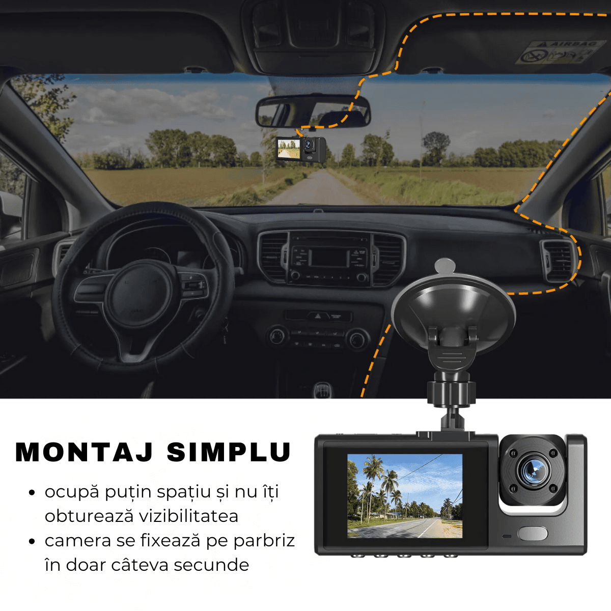 Camera Auto tripla de bord, Fata / Interior / Spate, DVR, Wi - Fi, Full HD, Night Vision, Unghi 170°, Mod Parcare, Senzor Miscare, Display 2", G - Senzor, Camera Marsarier, Aplicatie dedicata, easyCTRL®smarrt.rocamera auto de bordeasyCTRL