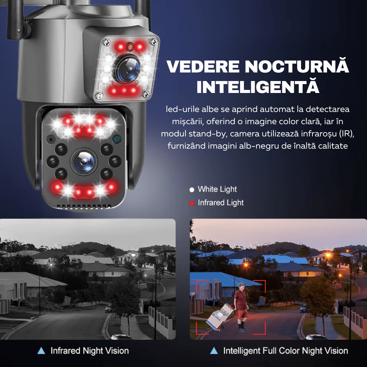 Camera Supraveghere Video 360°, Dubla, Wi - Fi, 2K, 4MP, Exterior/Interior, Control PTZ, Vedere Nocturna Color si Infrarosu, Rezistenta la Apa IP66, Alarma Sonora si Luminoasa, Comunicare Bidirectionala, Senzor Miscare, Stocare Card/Cloud, easyCTRL®smarrt.rocamera supraveghereeasyCTRL