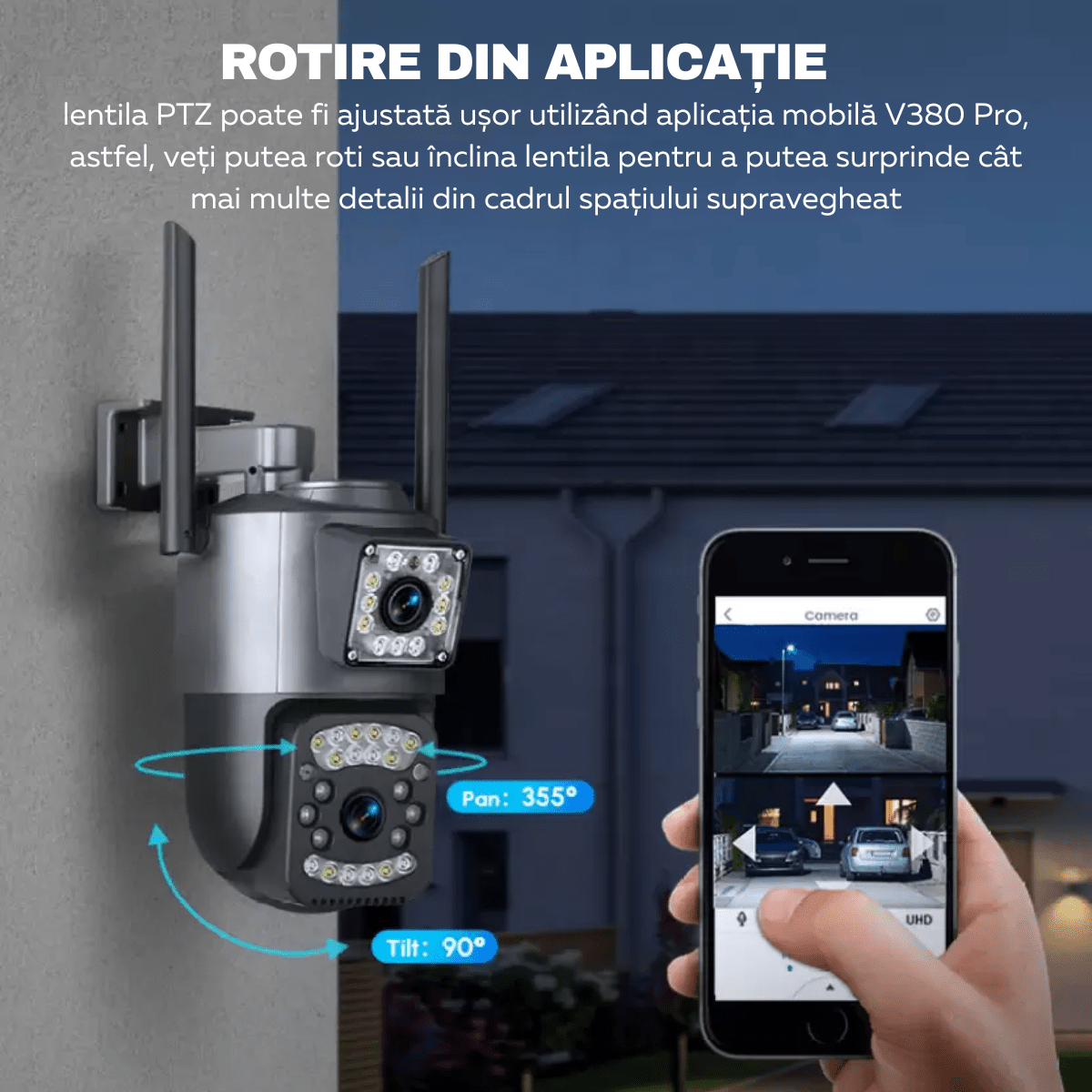 Camera Supraveghere Video 360°, Dubla, Wi - Fi, 2K, 4MP, Exterior/Interior, Control PTZ, Vedere Nocturna Color si Infrarosu, Rezistenta la Apa IP66, Alarma Sonora si Luminoasa, Comunicare Bidirectionala, Senzor Miscare, Stocare Card/Cloud, easyCTRL®smarrt.rocamera supraveghereeasyCTRL