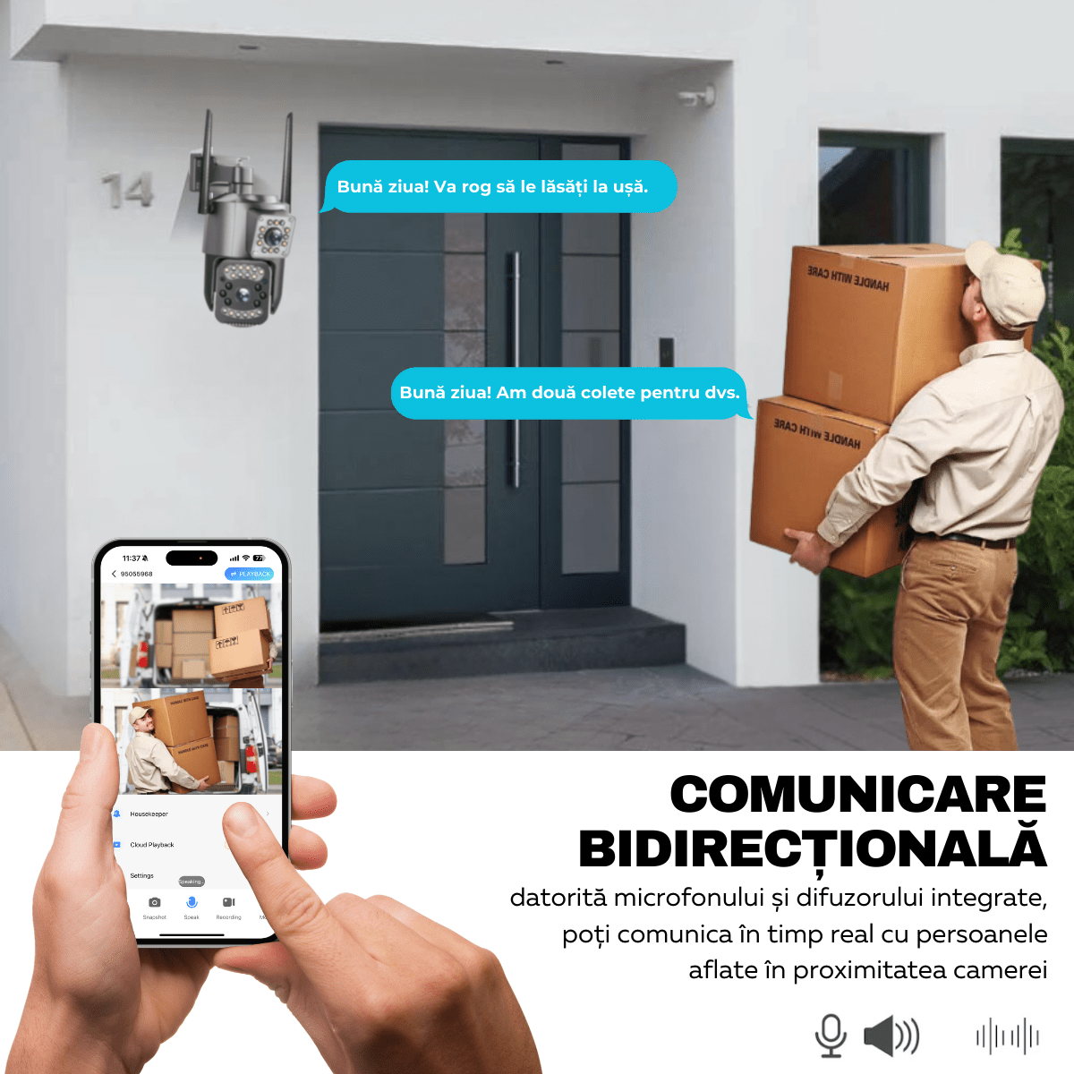 Camera Supraveghere Video 360°, Dubla, Wi - Fi, 2K, 4MP, Exterior/Interior, Control PTZ, Vedere Nocturna Color si Infrarosu, Rezistenta la Apa IP66, Alarma Sonora si Luminoasa, Comunicare Bidirectionala, Senzor Miscare, Stocare Card/Cloud, easyCTRL®smarrt.rocamera supraveghereeasyCTRL