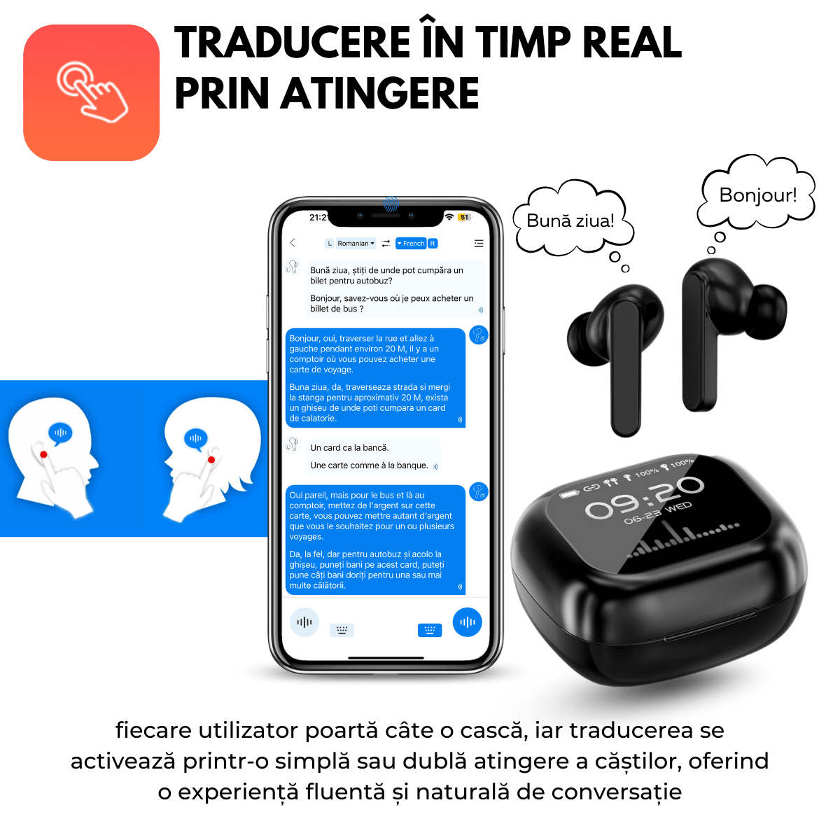 Casti cu Traducator pentru Conversatii in timp real, 144 Limbi, Traducere Foto, Carcasa incarcare cu Touch Screen, Bluetooth 5.4, Control tactil, T7, Negru, easyCTRL®smarrt.rocasti cu traducatoreasyCTRL