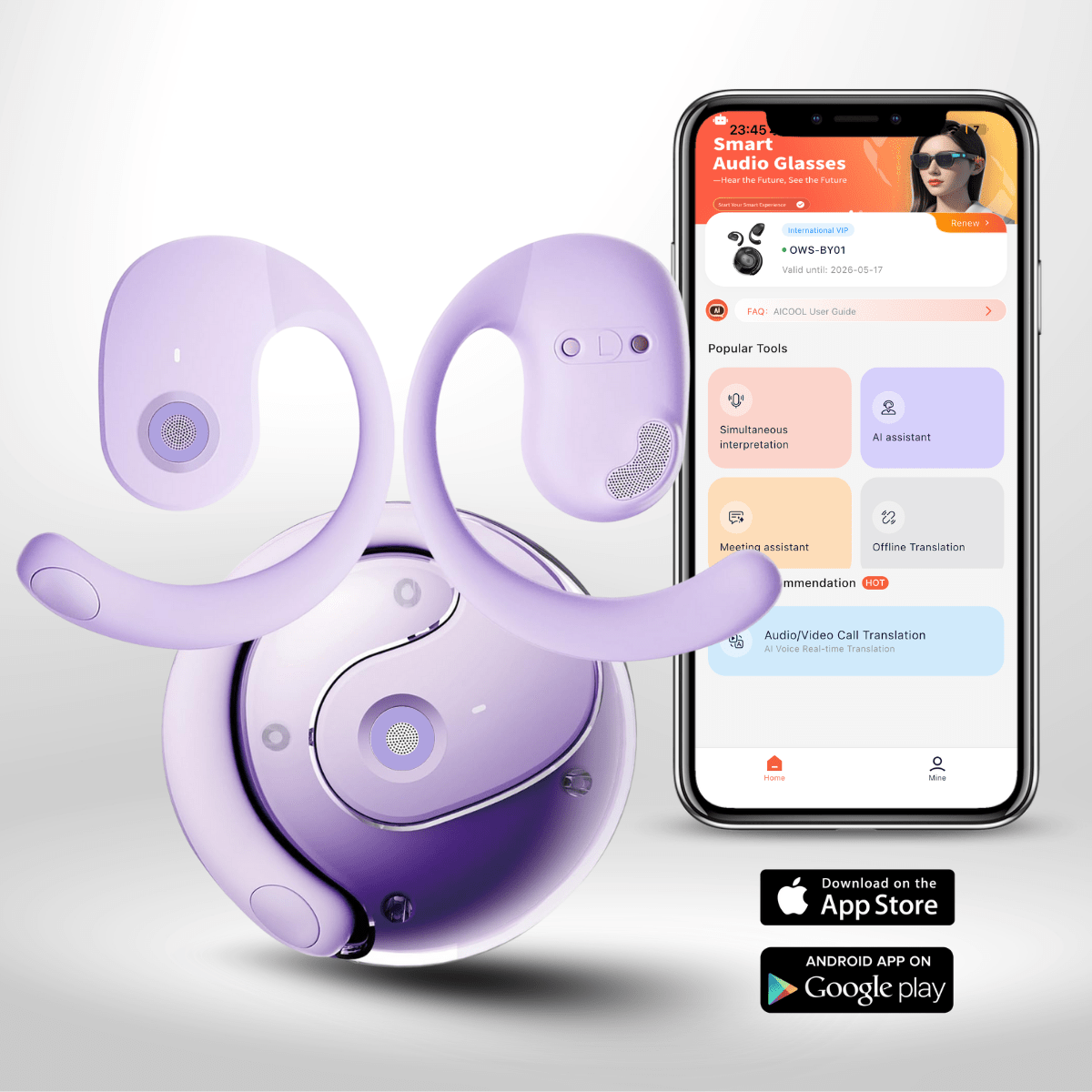 Casti cu Traducator pentru Conversatii in timp real, Open - Ear, 139 Limbi, Bluetooth 5.4, Control tactil, Carcasa de incarcare, T2, Mov, easyCTRL®smarrt.roeasyCTRL