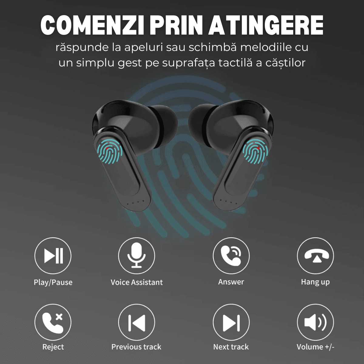 Casti Wireless In Ear, Carcasa cu Touch Screen, Bluetooth 5.4, Control Tactil, Anulare Zgomot ANC + ENC, easyCTRL®, Negrusmarrt.rocasti wirelesseasyCTRL