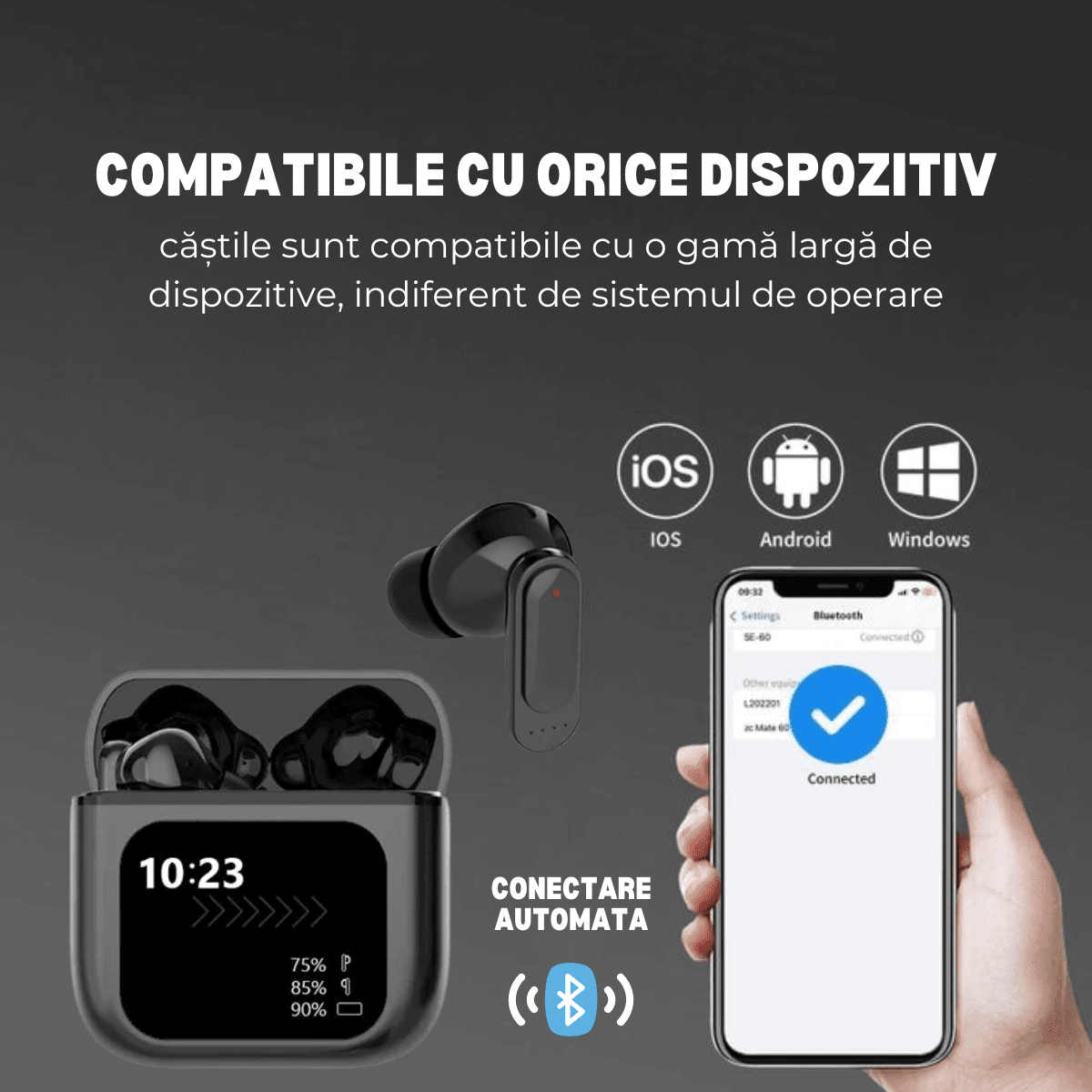 Casti Wireless In Ear, Carcasa cu Touch Screen, Bluetooth 5.4, Control Tactil, Anulare Zgomot ANC + ENC, easyCTRL®, Negrusmarrt.rocasti wirelesseasyCTRL