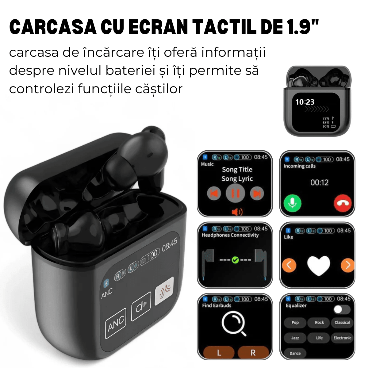 Casti Wireless In Ear, Carcasa cu Touch Screen, Bluetooth 5.4, Control Tactil, Anulare Zgomot ANC + ENC, easyCTRL®, Negrusmarrt.rocasti wirelesseasyCTRL