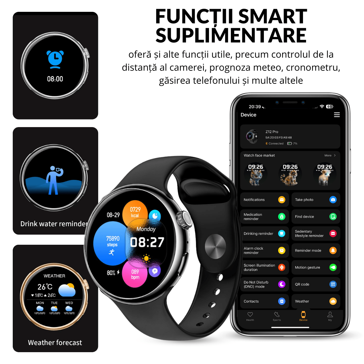 Ceas smartwatch de barbati, Ecran Tactil LCD 1.46", Control prin Gesturi, Apel Bluetooth, Multi Sport, Monitorizare Sanatate, Negru, easyCTRL®smarrt.roceas inteligenteasyCTRL