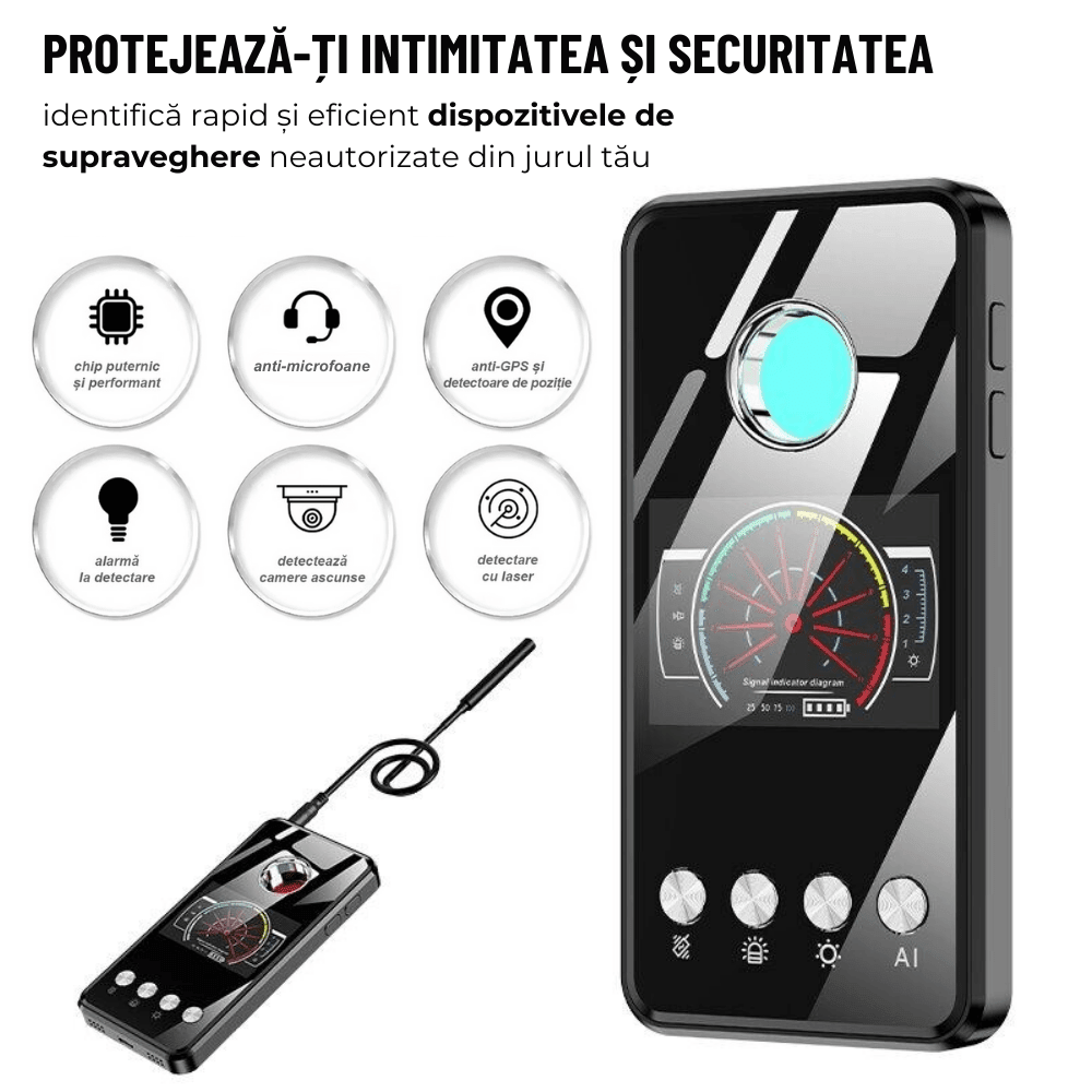 Detector cu Inteligenta Artificiala pentru Aparate de Spionaj, T2, Camere ascunse, Microfoane spion, GPS Tracker, Reportofoane, easyCTRL®smarrt.rodetector camere AIsmarrt.ro