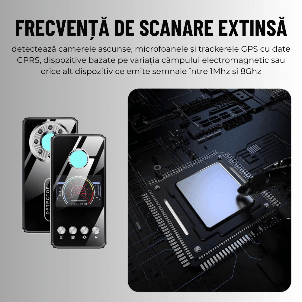 Detector cu Inteligenta Artificiala pentru Aparate de Spionaj, T2, Camere ascunse, Microfoane spion, GPS Tracker, Reportofoane, easyCTRL®smarrt.rodetector camere AIsmarrt.ro