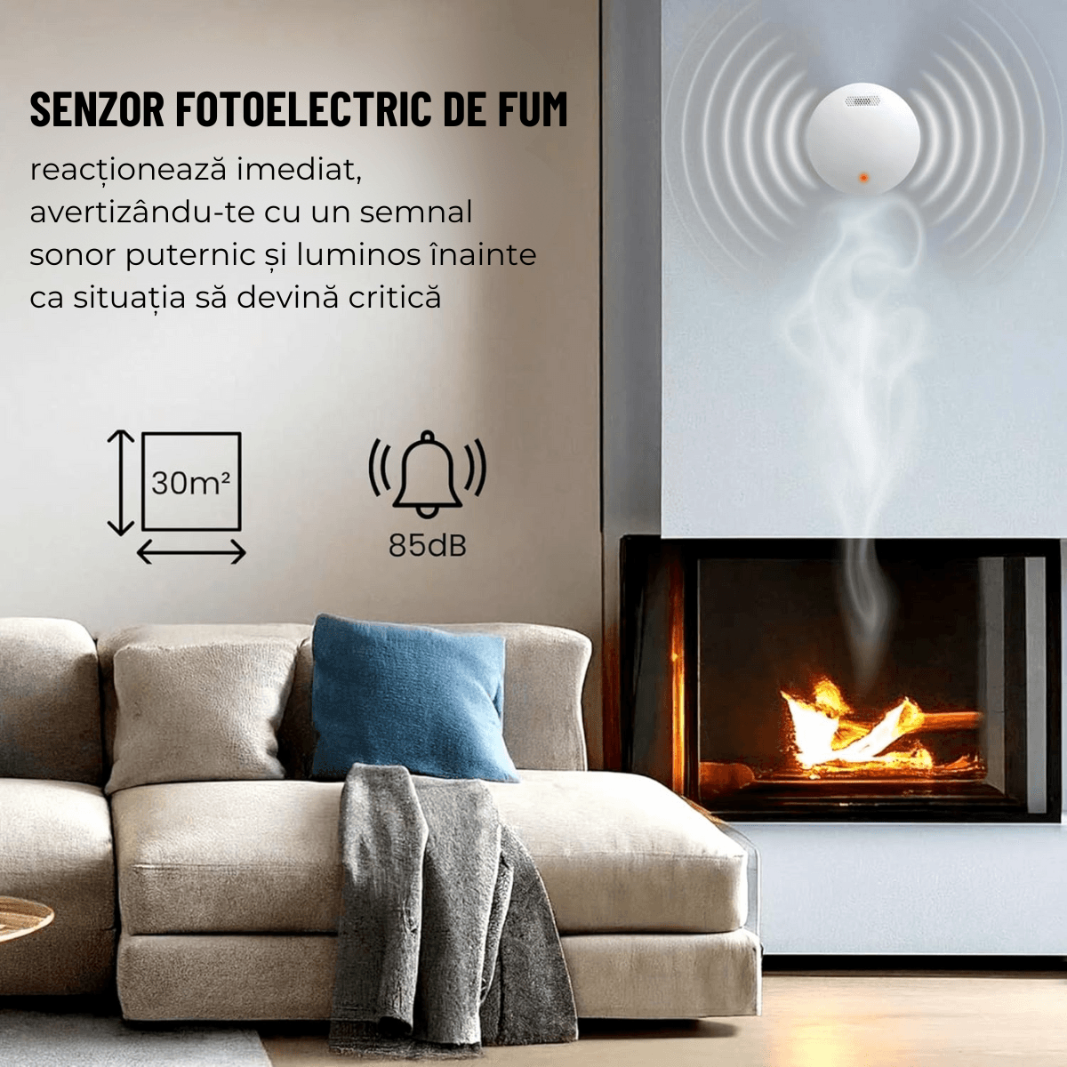Detector de Fum, Avertizare Sonora si Luminoasa, Durata Viata Baterie 10 Ani, 85dB, easyCTRL®smarrt.roDetector de fumeasyCTRL
