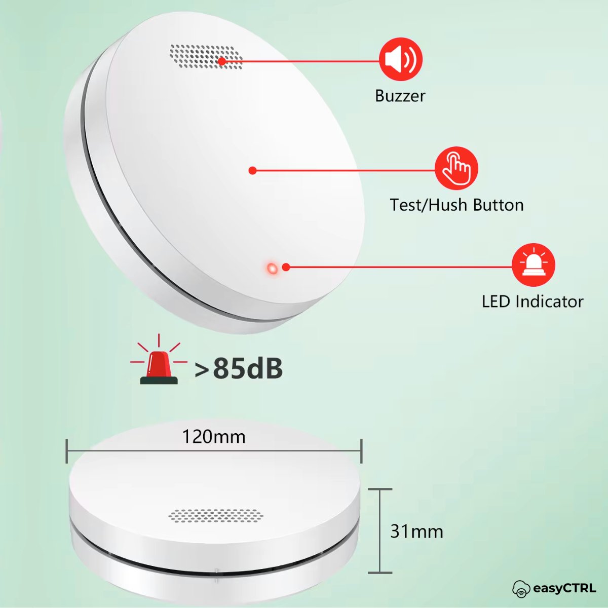 Detector fum inteligent, WiFI, Smart Life / Tuya APP, avertizare sonora si luminoasa, baterie 10 ani, 85dB, easyCTRL