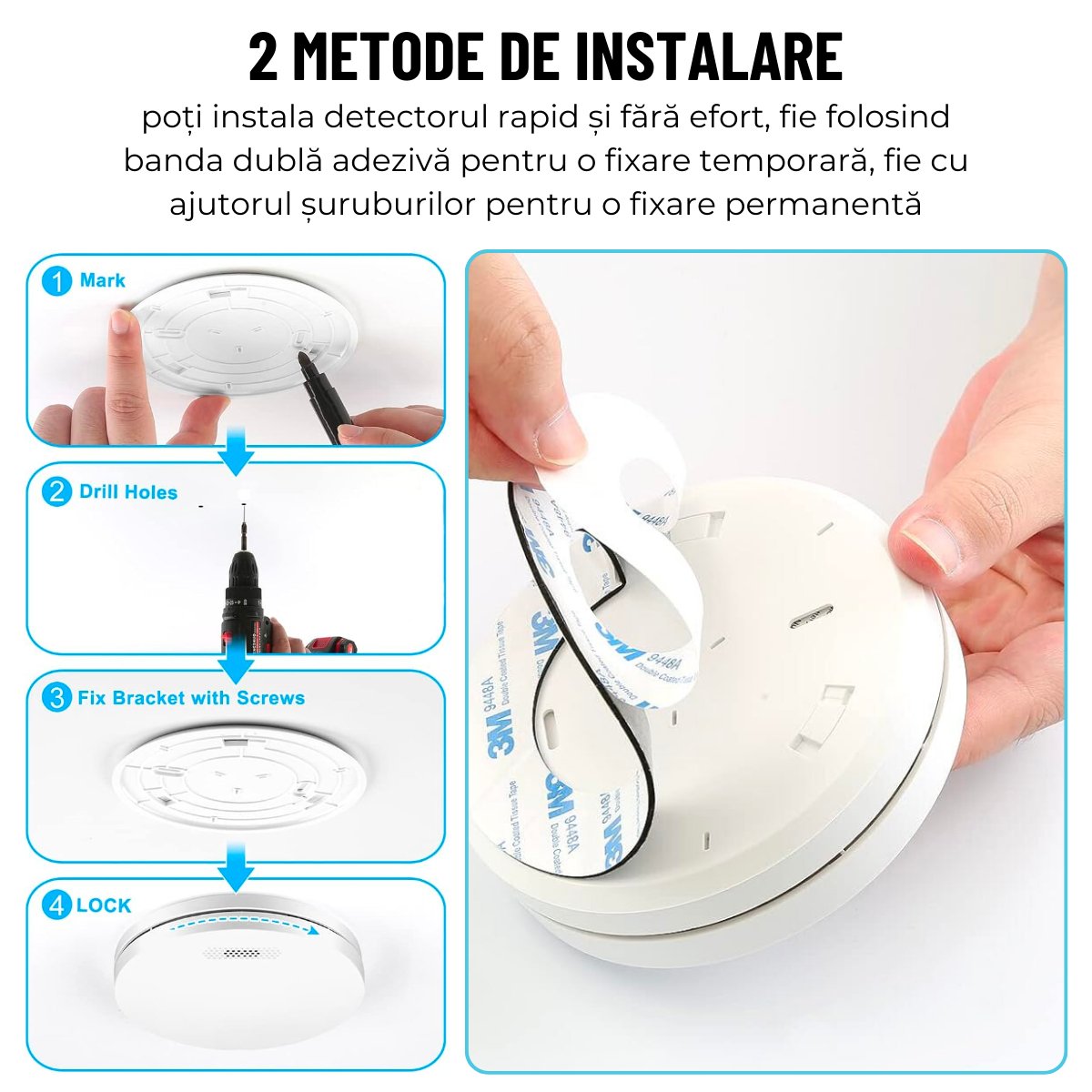 Detector fum inteligent, WiFI, Smart Life / Tuya APP, avertizare sonora si luminoasa, baterie 10 ani, 85dB, easyCTRL