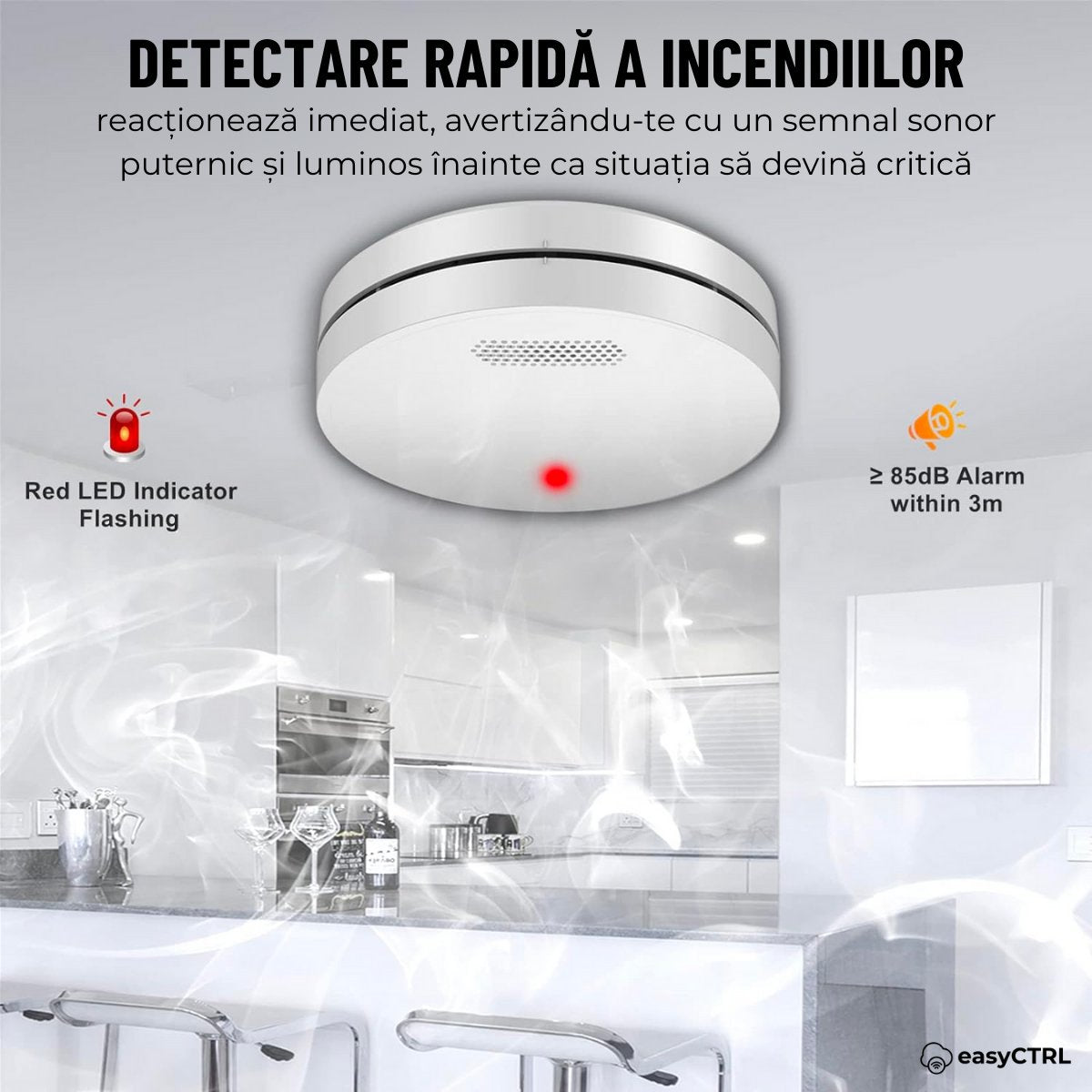 Detector fum inteligent, WiFI, Smart Life / Tuya APP, avertizare sonora si luminoasa, baterie 10 ani, 85dB, easyCTRL