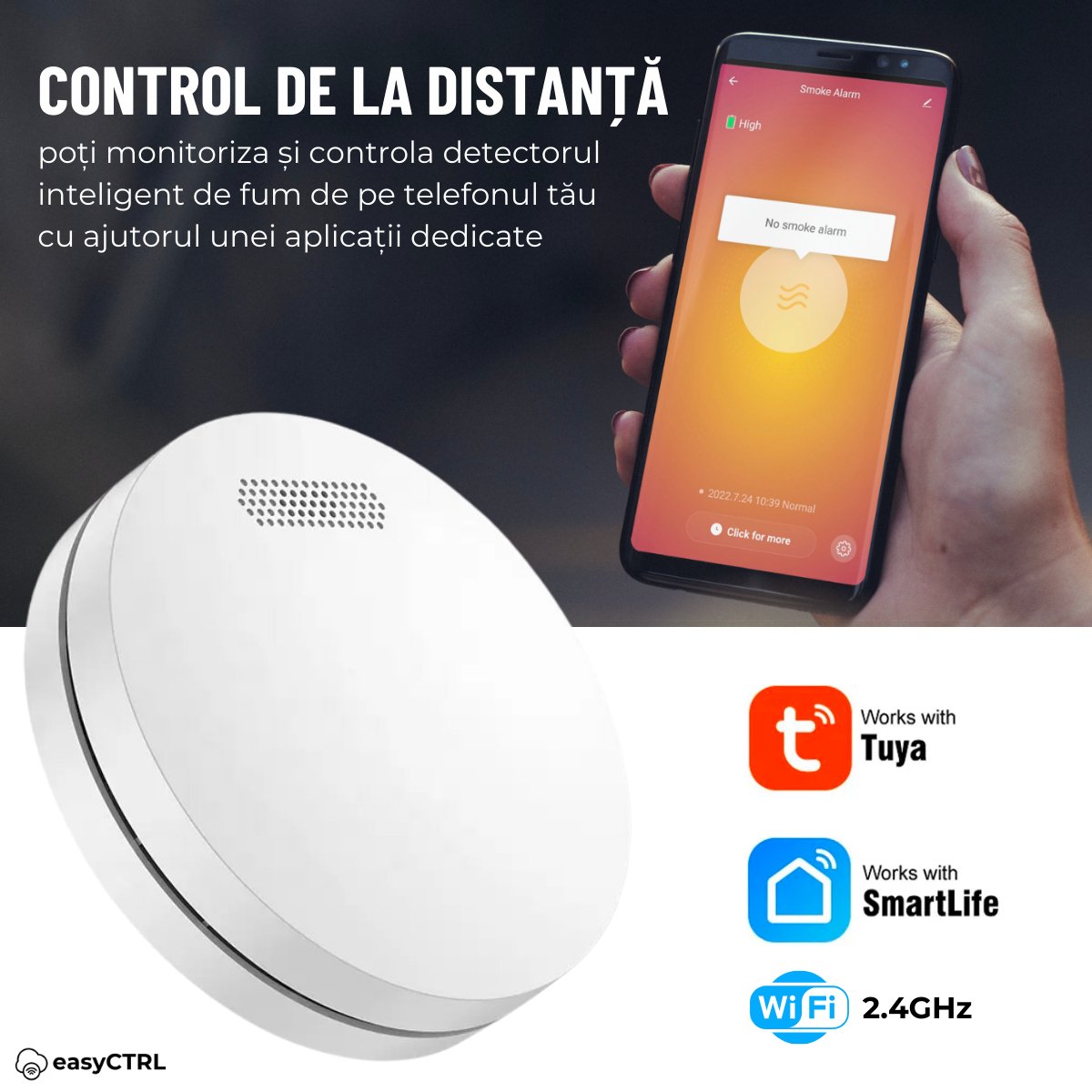 Detector fum inteligent, WiFI, Smart Life / Tuya APP, avertizare sonora si luminoasa, baterie 10 ani, 85dB, easyCTRL