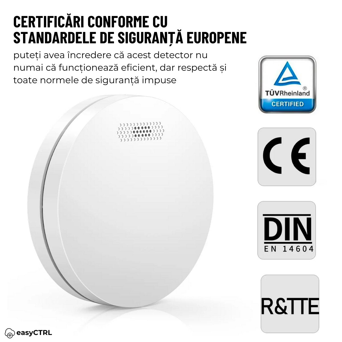 Detector fum inteligent, WiFI, Smart Life / Tuya APP, avertizare sonora si luminoasa, baterie 10 ani, 85dB, easyCTRL