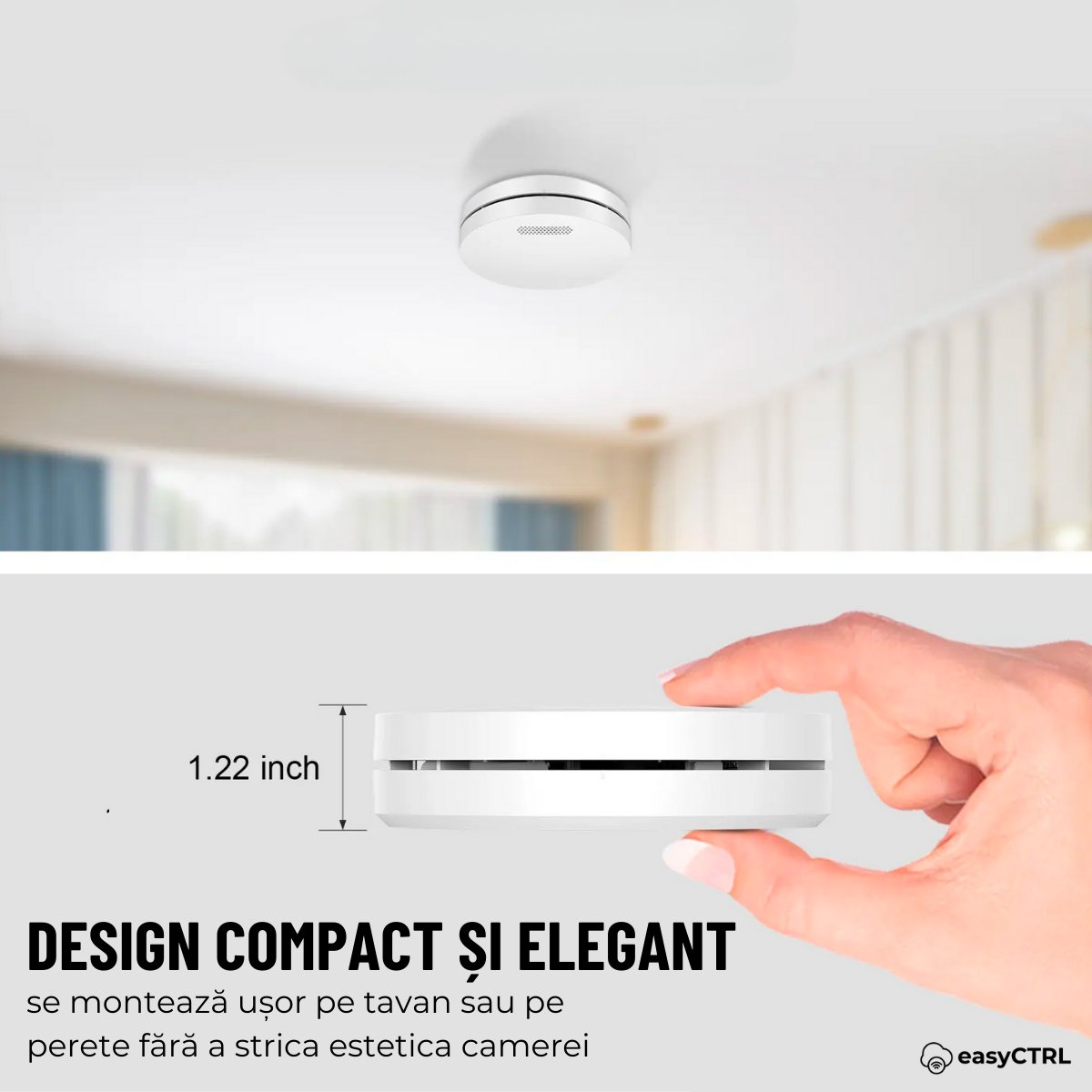 Detector fum inteligent, WiFI, Smart Life / Tuya APP, avertizare sonora si luminoasa, baterie 10 ani, 85dB, easyCTRL