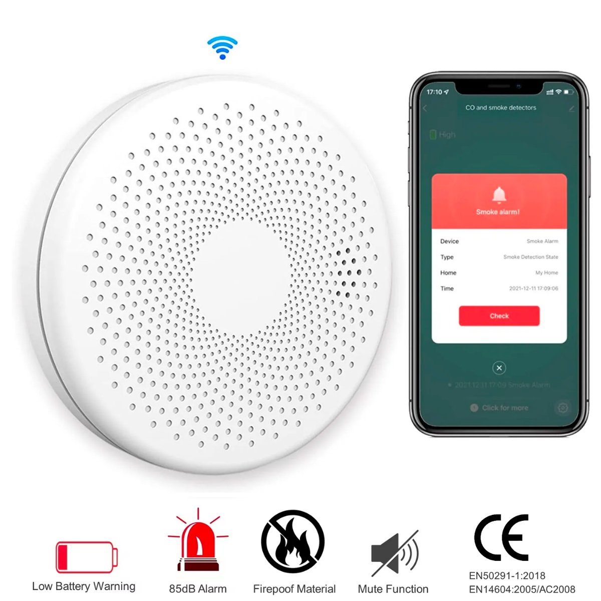 Detector inteligent 2 in 1 de fum si monoxid de carbon, WiFI, Smart Life Tuya  avertizare sonora baterie 10 ani 85dB easyCTRL