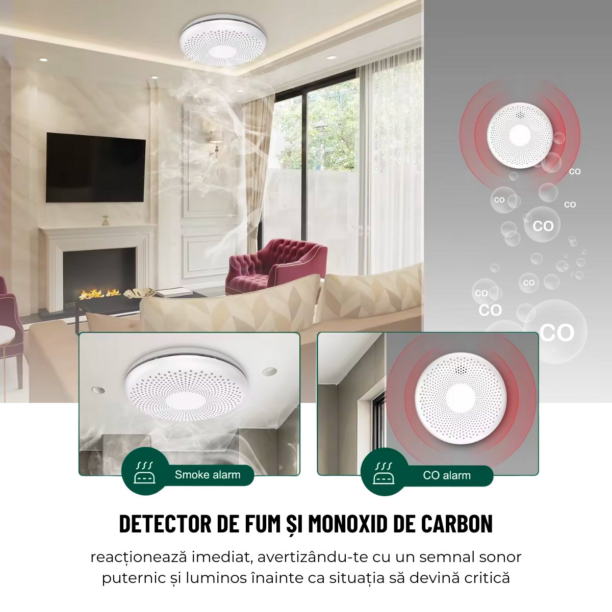 Detector inteligent 2 in 1 de fum si monoxid de carbon, WiFI, Smart Life Tuya  avertizare sonora baterie 10 ani 85dB easyCTRL