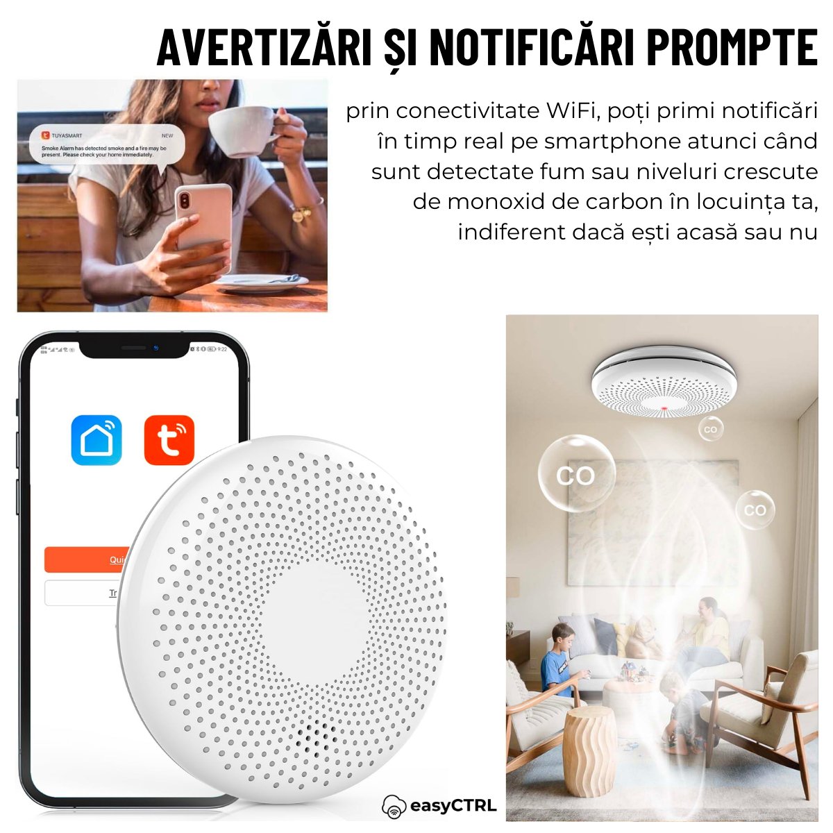 Detector inteligent 2 in 1 de fum si monoxid de carbon, WiFI, Smart Life Tuya  avertizare sonora baterie 10 ani 85dB easyCTRL