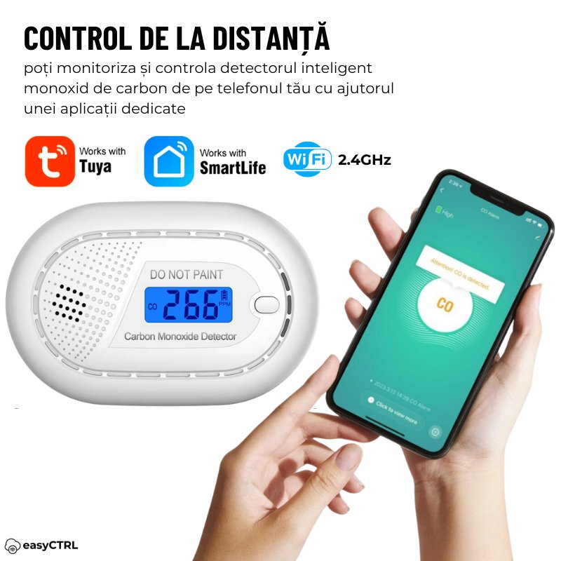 Detector inteligent de monoxid de carbon, WiFi, Smart Life / Tuya APP, Avertizare Sonora si Luminoas, 85dB, easyCTRL