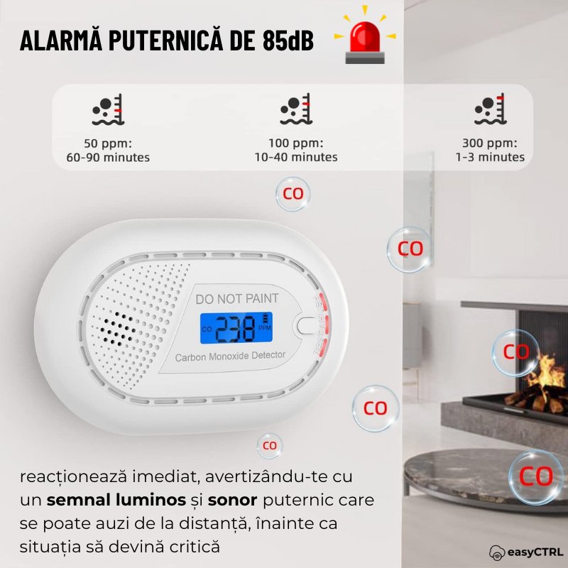 Detector inteligent de monoxid de carbon, WiFi, Smart Life / Tuya APP, Avertizare Sonora si Luminoas, 85dB, easyCTRL