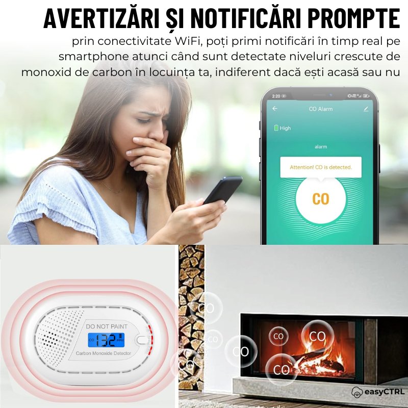Detector inteligent de monoxid de carbon, WiFi, Smart Life / Tuya APP, Avertizare Sonora si Luminoas, 85dB, easyCTRL