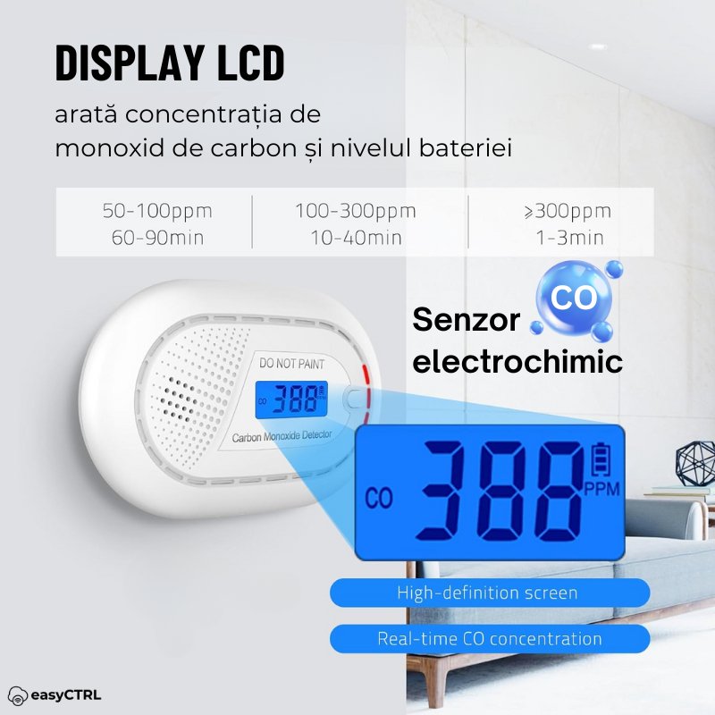 Detector inteligent de monoxid de carbon, WiFi, Smart Life / Tuya APP, Avertizare Sonora si Luminoas, 85dB, easyCTRL