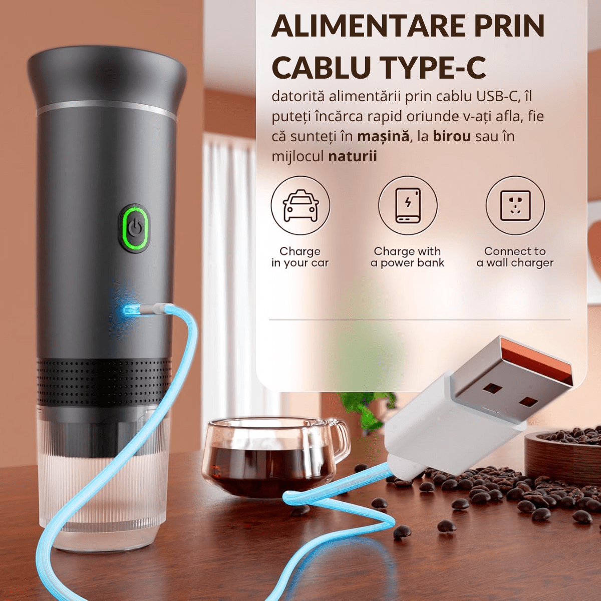 Espressor Portabil 3 in 1, Capsule Nespresso, Nescafe Dolce Gusto, Cafea macinata, 20 bar, 72W, Baterie 7500mAh, Argintiu, easyCTRL®smarrt.roespressoreasyCTRL