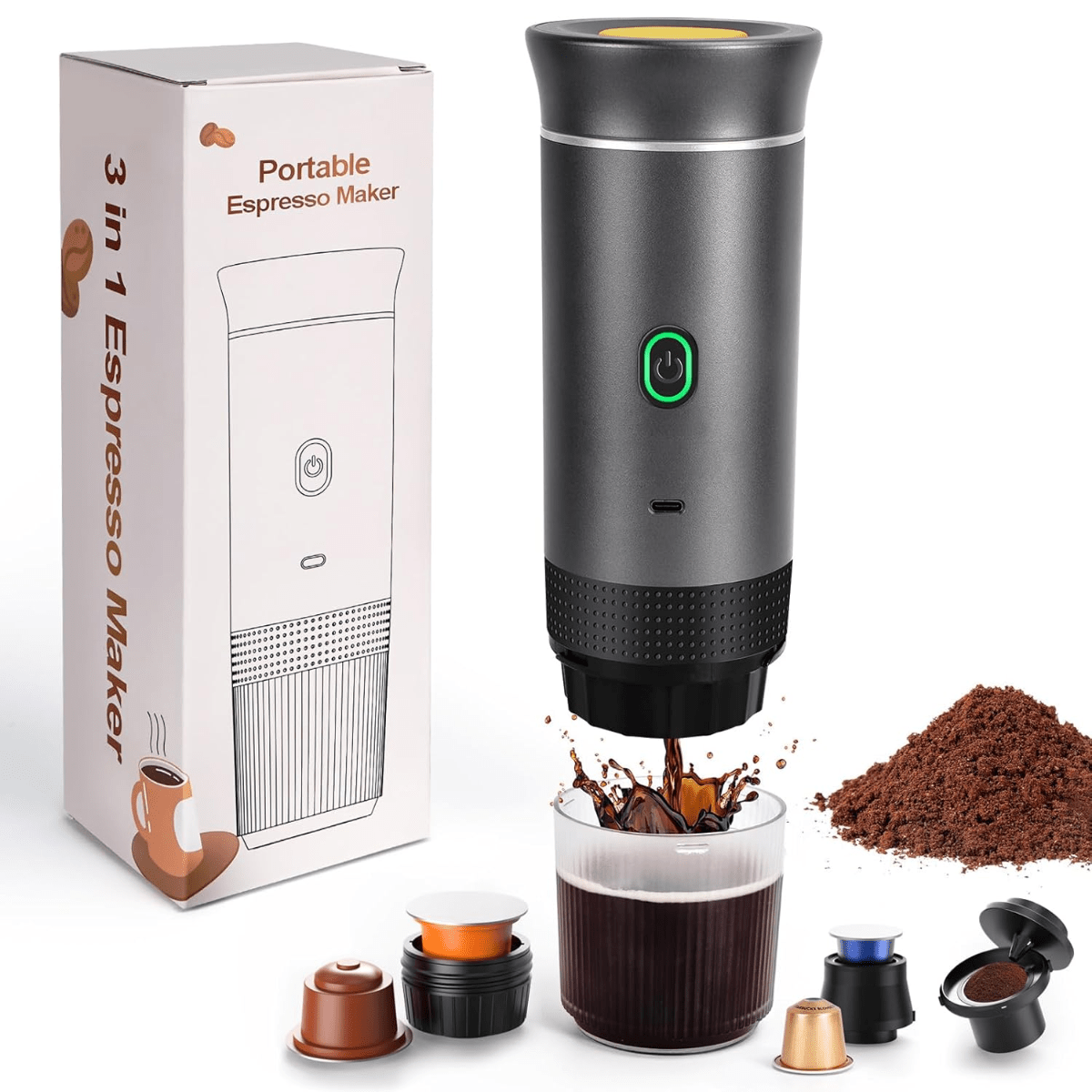 Espressor Portabil 3 in 1, Capsule Nespresso, Nescafe Dolce Gusto, Cafea macinata, 20 bar, 72W, Baterie 7500mAh, Argintiu, easyCTRL®smarrt.roespressoreasyCTRL