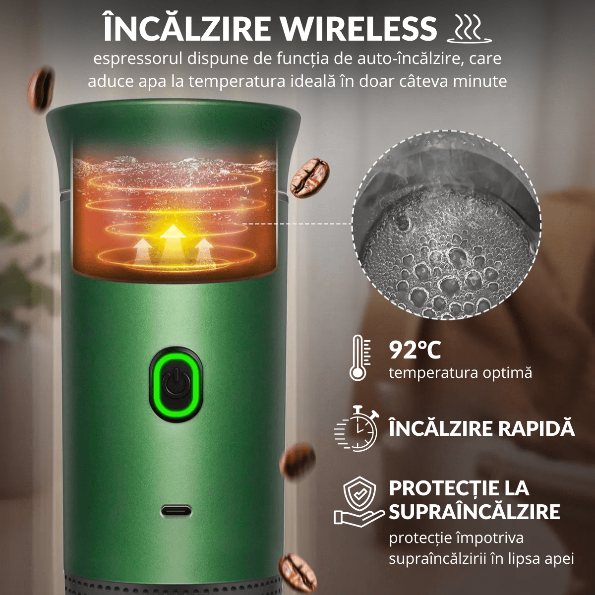 Espressor Portabil 3 in 1, Capsule Nespresso, Nescafe Dolce Gusto, Cafea macinata, 20 bar, 72W, Baterie 7500mAh, Verde, easyCTRL®smarrt.roespressoreasyCTRL
