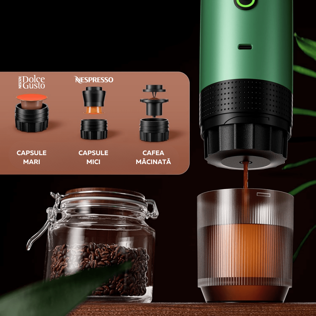 Espressor Portabil 3 in 1, Capsule Nespresso, Nescafe Dolce Gusto, Cafea macinata, 20 bar, 72W, Baterie 7500mAh, Verde, easyCTRL®smarrt.roespressoreasyCTRL